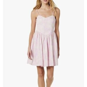 The Drop Perla Shaped Waist Mini Dress, Soft Pink Rose Floral Print, Size Medium